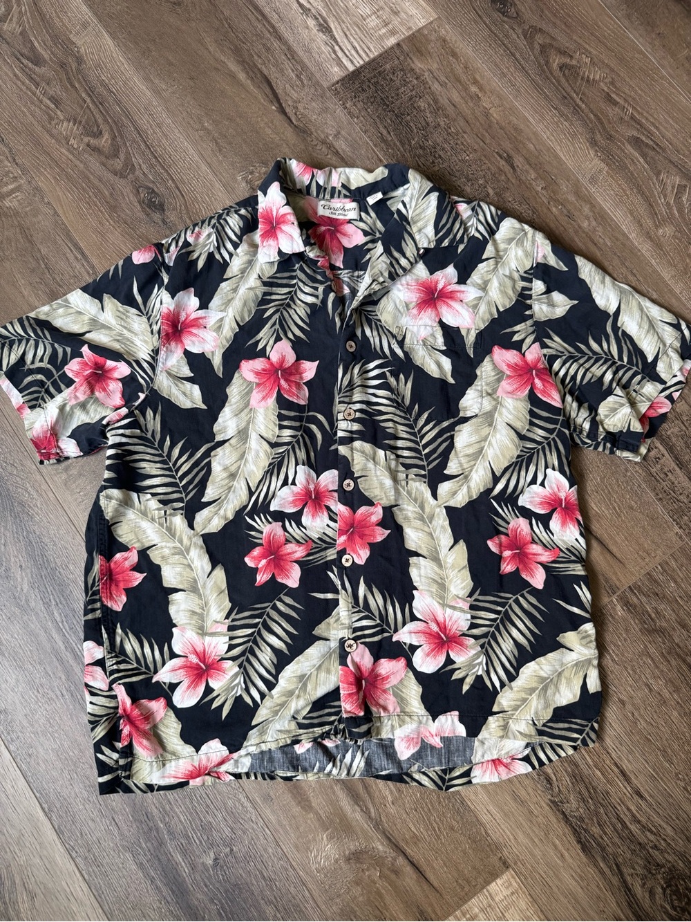 Caribbean Black Button-Up Shirt with Pink Floral Print